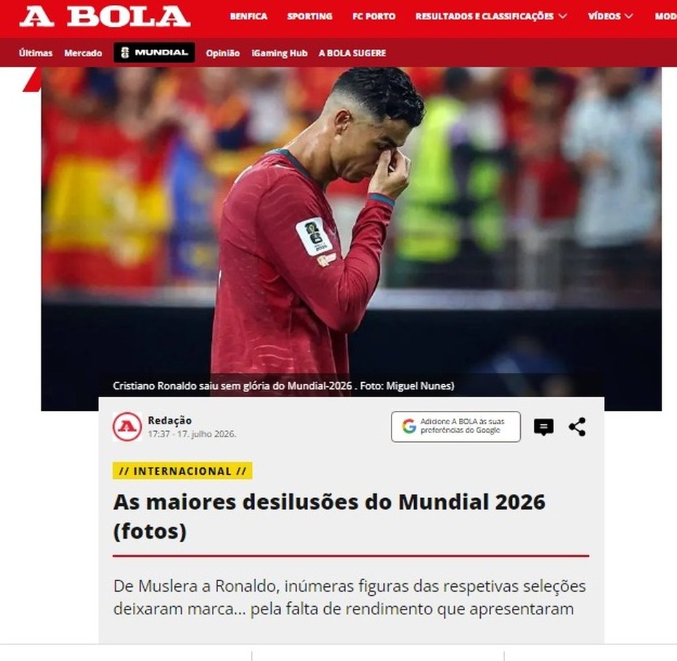 Jornal português lista decepções da Copa — Foto: Reprodução