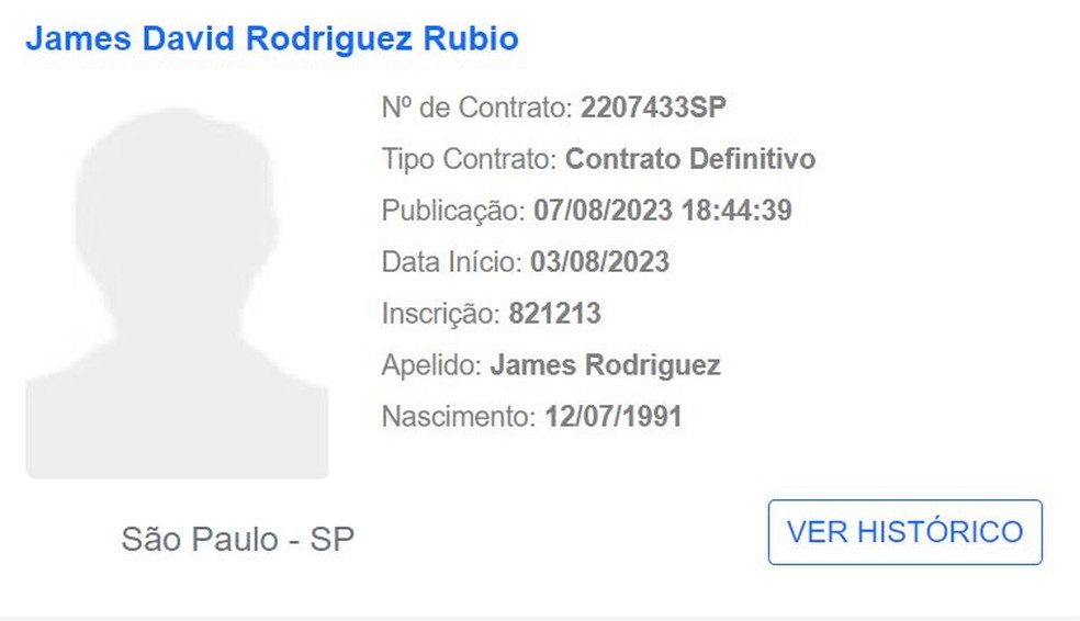 James Rodríguez é registrado no BID pelo São Paulo — Foto: Reprodução