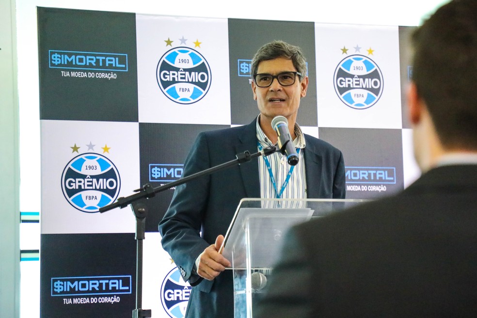 Ceo do Grêmio, Márcio Pinto, em lançamento de moeda virtual — Foto: Renan Jardim/Grêmio