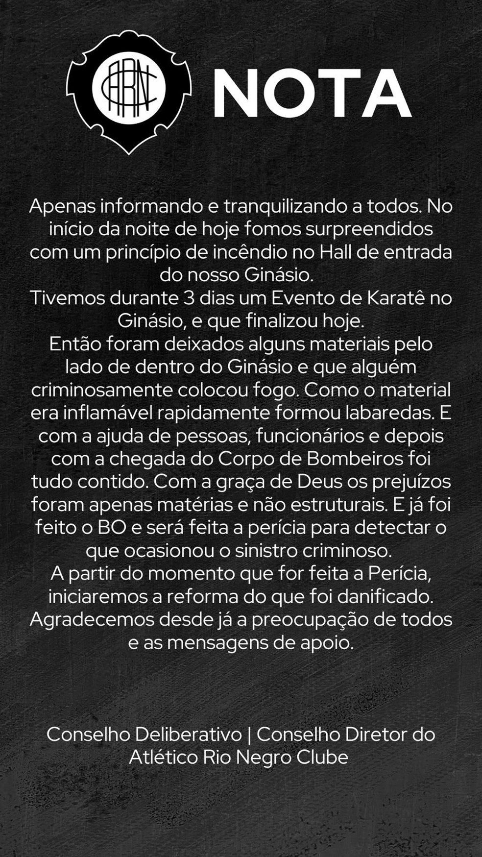 Nota do Rio Negro sobre o incêndio no hall de entrada do ginásio — Foto: Divulgação