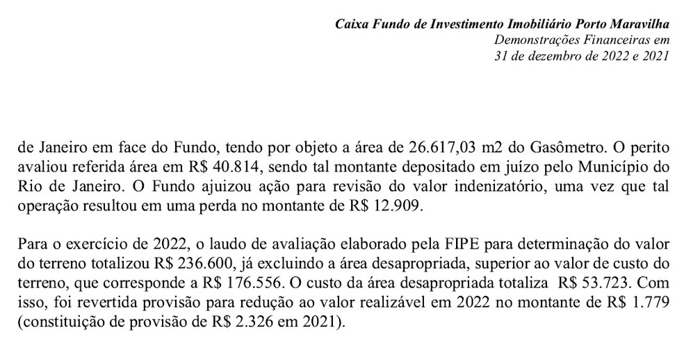 Trecho do contrato do Porto Maravilha sobre o terreno do Gasômetro — Foto: Reprodução