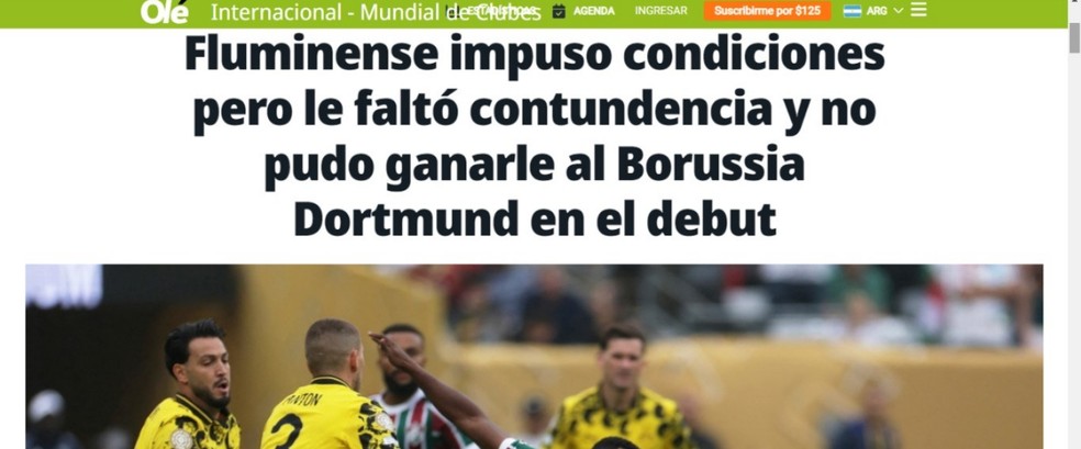 Diário Olé destaca atuação do Fluminense — Foto: Reprodução