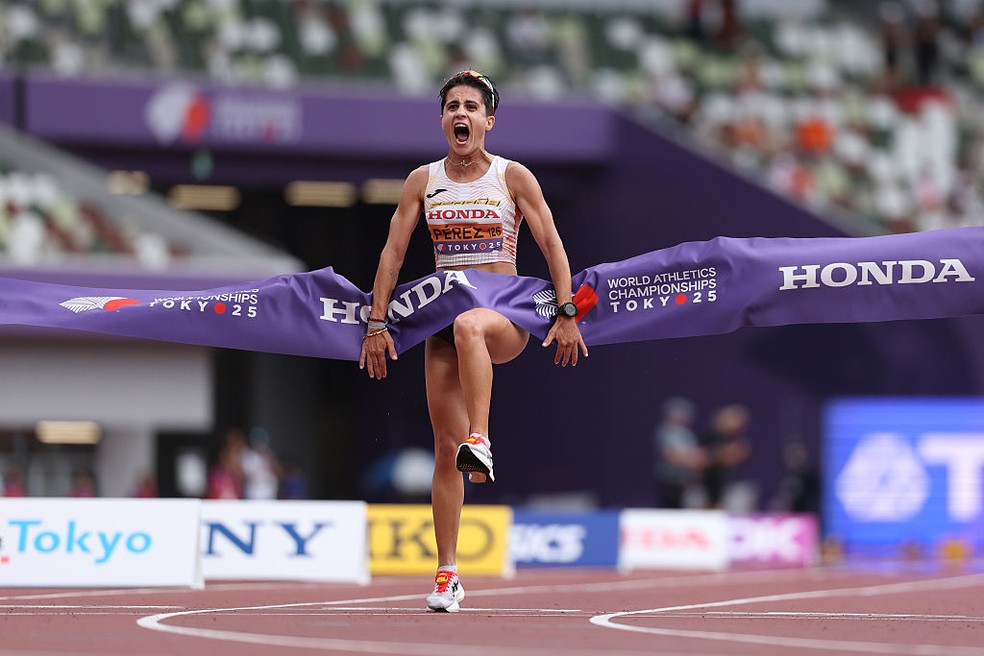 Maria Pérez é campeã mundial da marcha atlética 20km — Foto: Christian Petersen/Getty Images