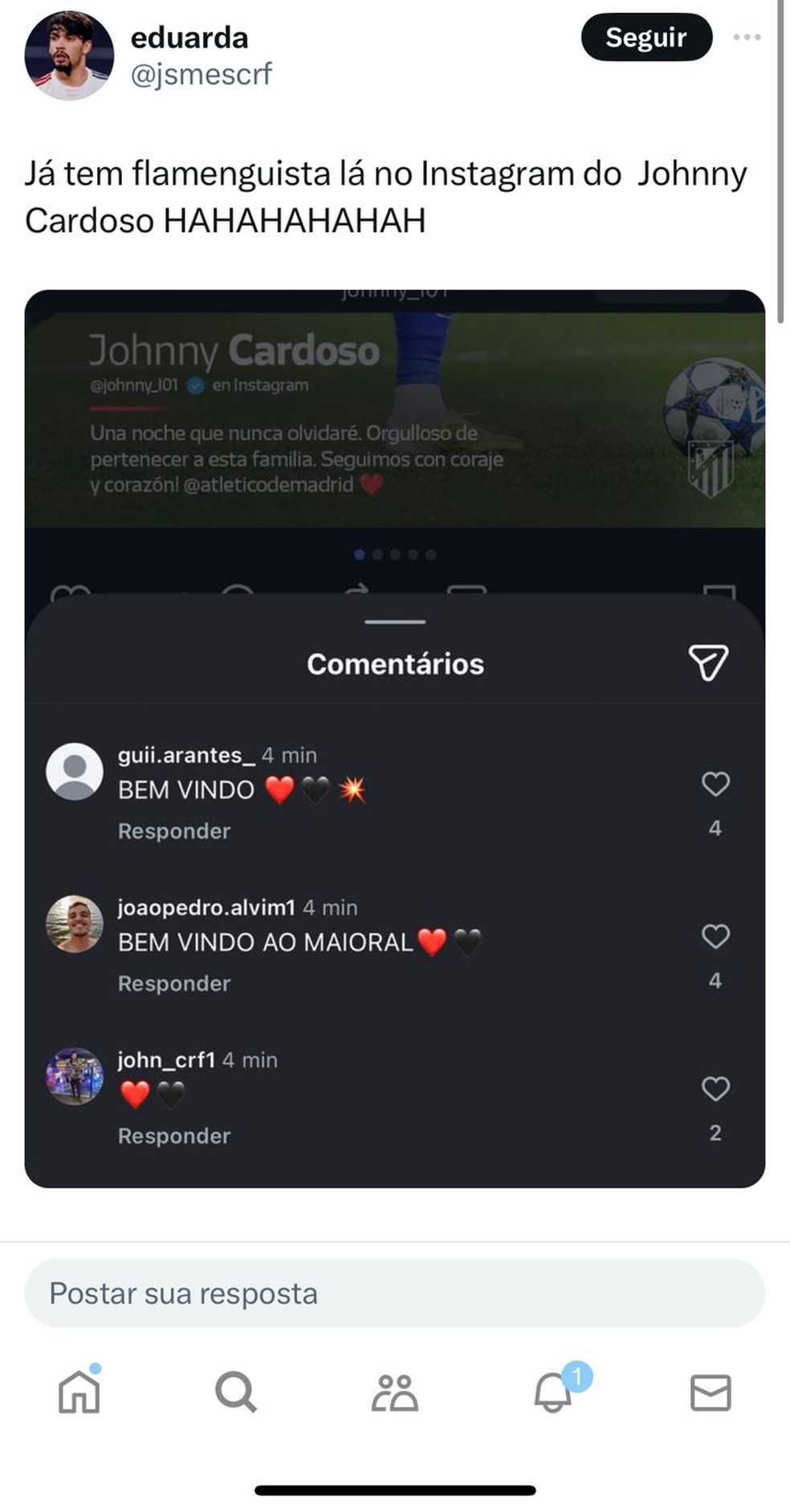 Torcedores do Flamengo invadiram Instagram de Johnny Cardoso — Foto: Reprodução