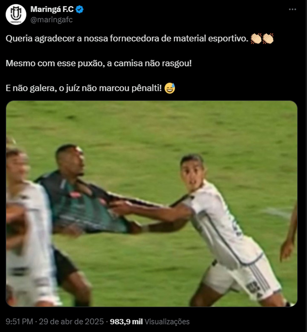 Maringá posta nas redes sociais ironizando não marcação de pênalti contra o Atlético-MG — Foto: Reprodução/Maringá FC