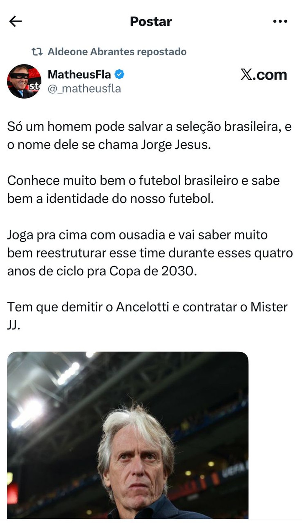 Aldeone Abrantes repost em redes sociais