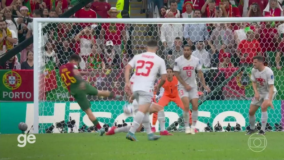 Rafael Leão de Portugal, comemora o seu gol com Raphael Guerreiro durante a  partida entre Portugal e Suíça, pelas oitavas de final da Copa do Mundo  FIFA Qatar 2022, no Estádio Lusail