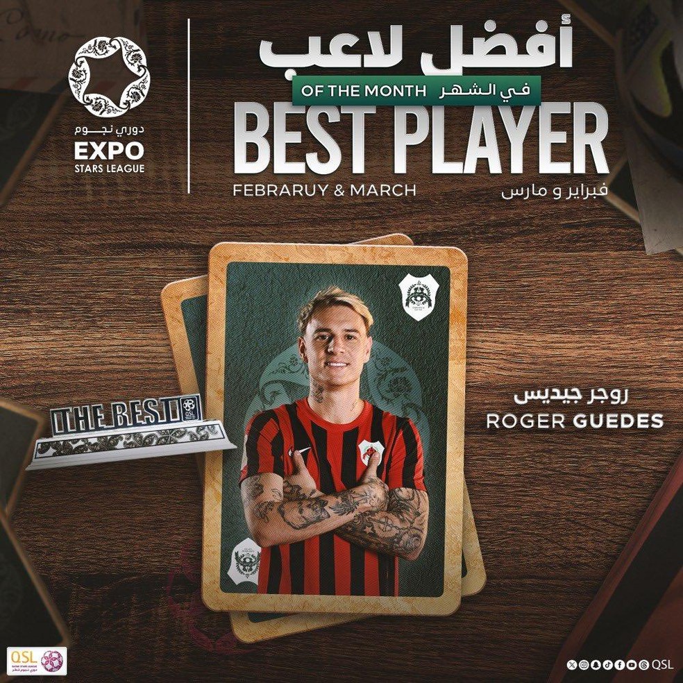 Róger Guedes recebe prêmio no Campeonato do Catar — Foto: Reprodução / Instagram