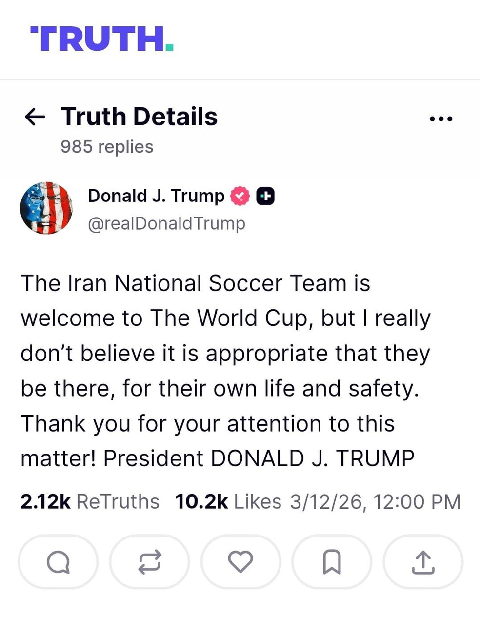Trump comenta participação do Irã na Copa do Mundo: 