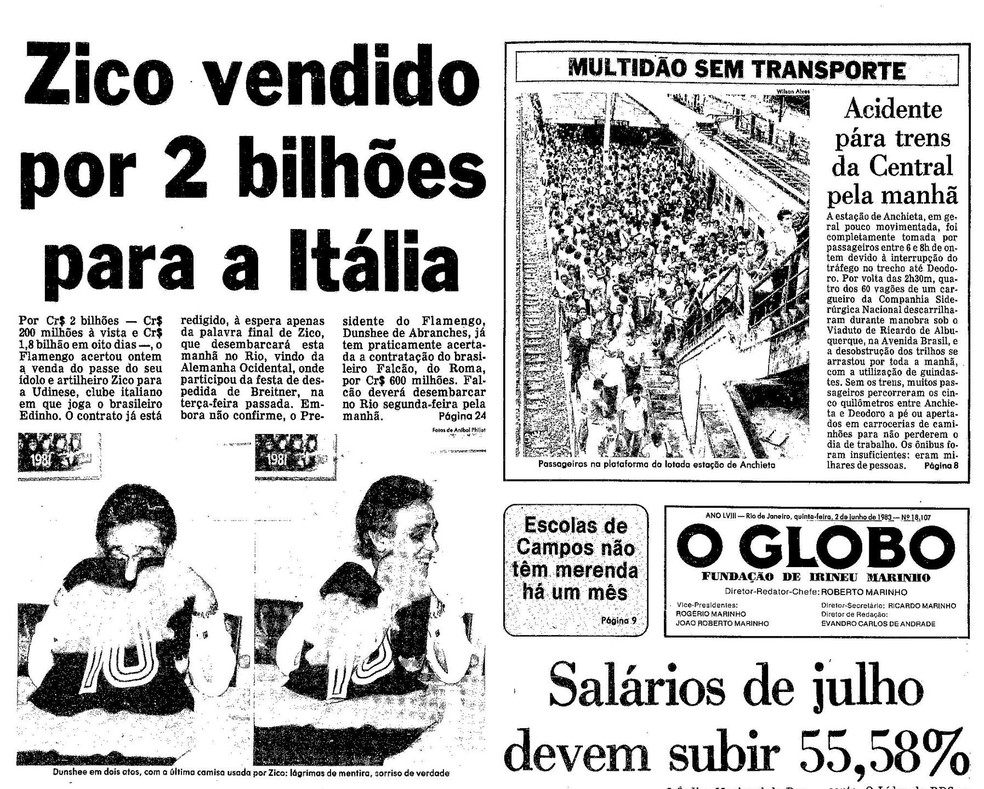 Capa do jornal O Globo no dia da venda de Zico — Foto: Acervo O Globo