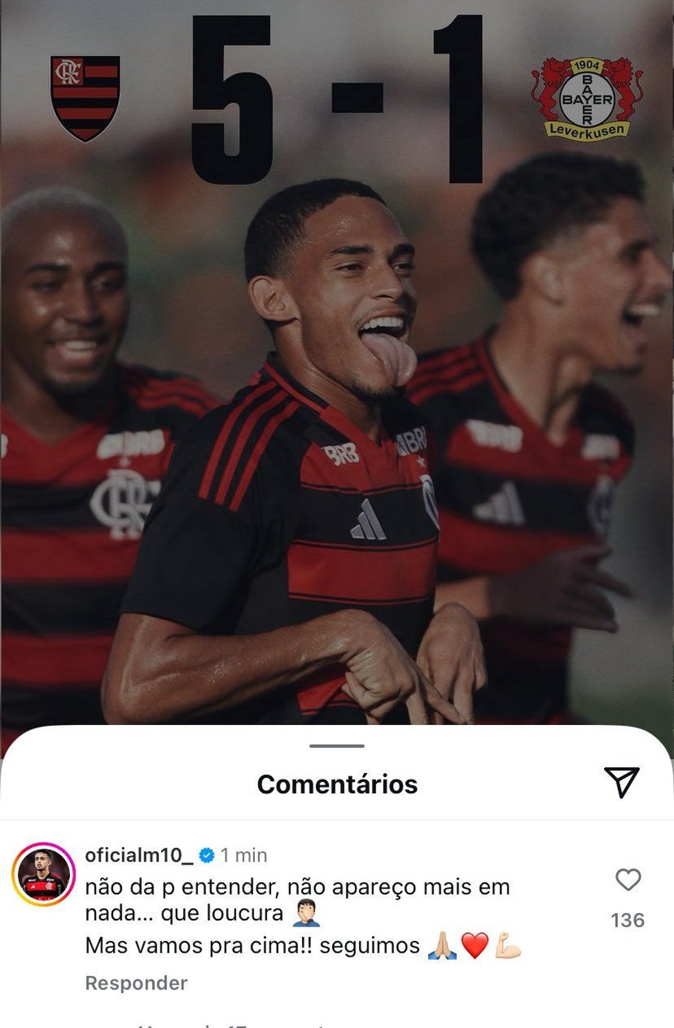 Matheus Gonçalves posta indireta em perfil oficial do Flamengo — Foto: Reprodução / Instagram