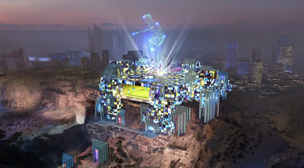 Estádio Príncipe Mohammed bin Salman, na cidade de Qiddiya, que ainda está em construção, deve abrigar jogos da Copa do Mundo 2034 — Foto: Divulgação/Qiddiya