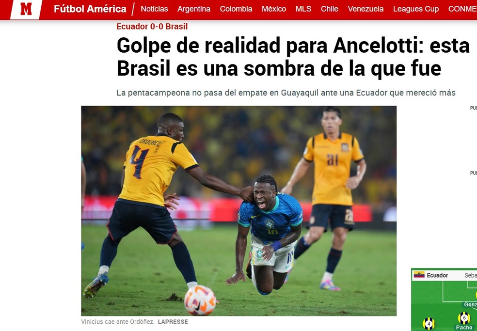 Marca critíca Seleção, em estreia de Ancelotti — Foto: Reprodução: Marca