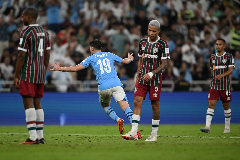 Julian Alvarez comemora o gol do Manchester City contra o Fluminense — Foto: Tullio Puglia/Fifa/Getty Images