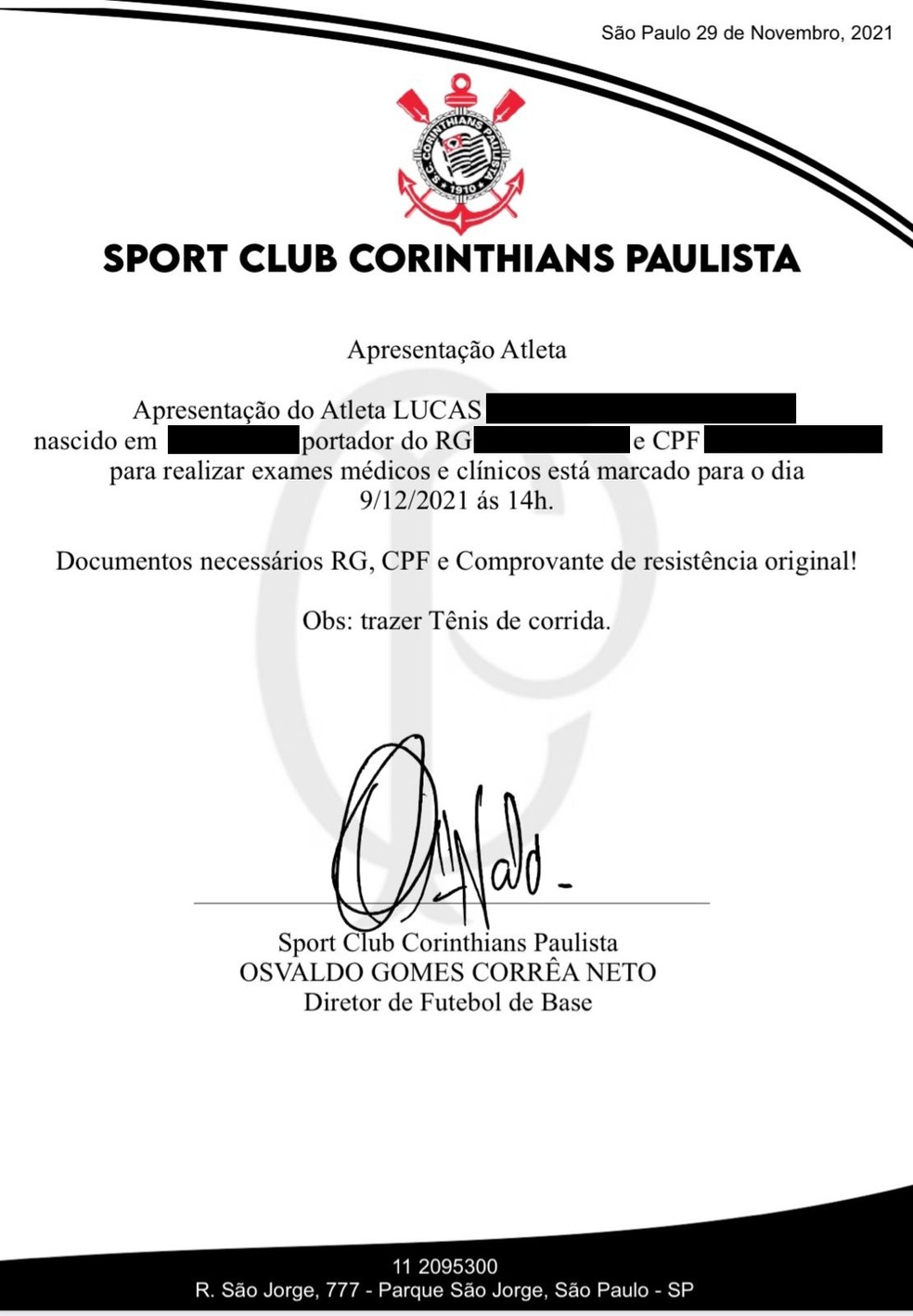 Carta para Lucas se apresentar para exames no Corinthians — Foto: ge