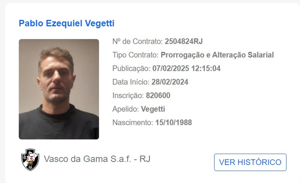 Renovação de Vegetti com o Vasco é publicada no BID da CBF — Foto: Reprodução