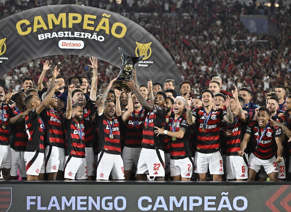 Jogadores do Flamengo comemoram ttulo do Basileiro  Foto: Andr Duro