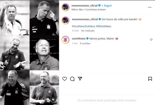 Mano Menezes celebra retorno ao Corinthians: 
