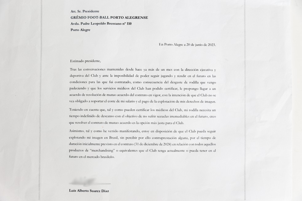 Veja a carta de Suárez enviada ao presidente do Grêmio