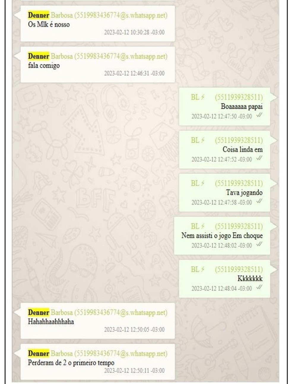 Mensagens entre Bruno Lopez e Denner Barbosa — Foto: ge.globo