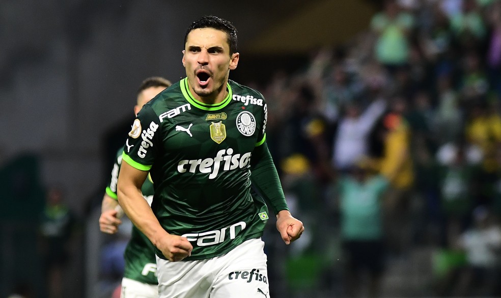 Raphael Veiga comemoração Palmeiras x Fortaleza — Foto: Marcos Ribolli / ge