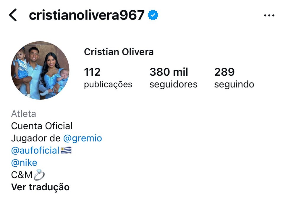 Cristian Olivera já atualizou perfil como jogador do Grêmio — Foto: Reprodução
