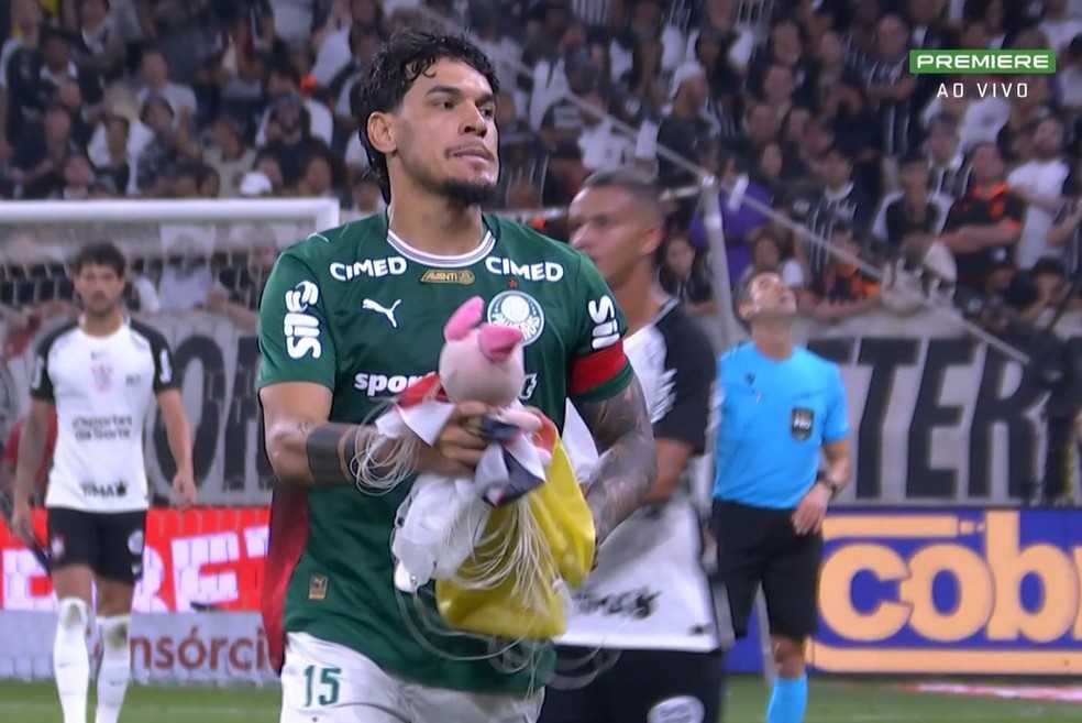 Gustavo Gómez recolhe porco de pelúcia em Corinthians x Palmeiras — Foto: Reprodução