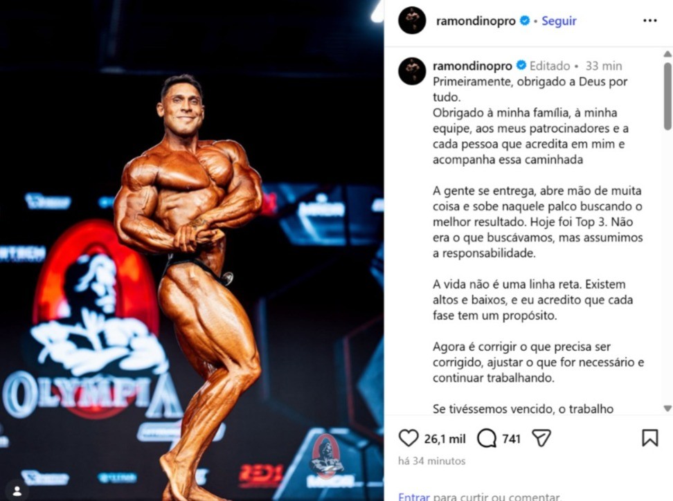 Ramon Dino lamenta 3º lugar no Mr. Olympia: "Não era o que buscávamos"