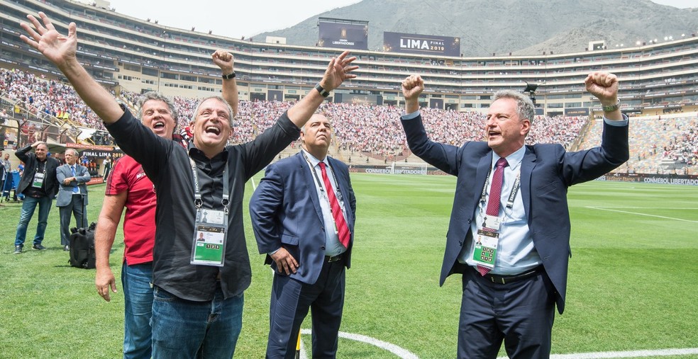 Bap e Landim após o título da Libertadores em 2019 — Foto: Alexandre Vidal/Flamengo