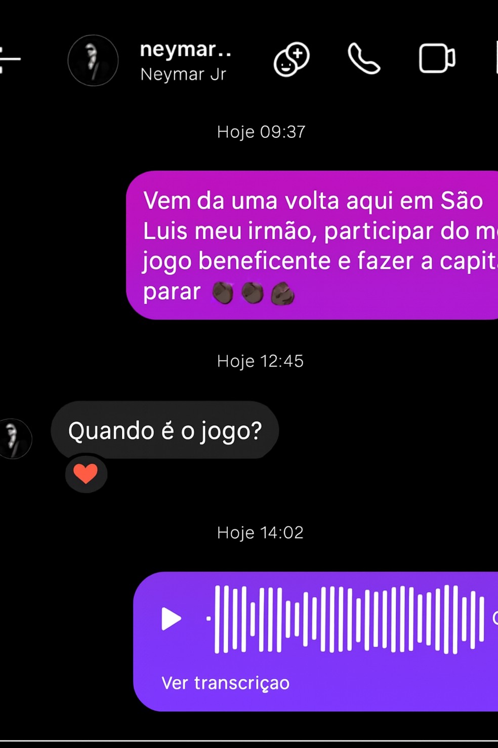Print da conversa entre Kleber Pereira e Neymar sobre jogo solidário no Maranhão — Foto: Reprodução