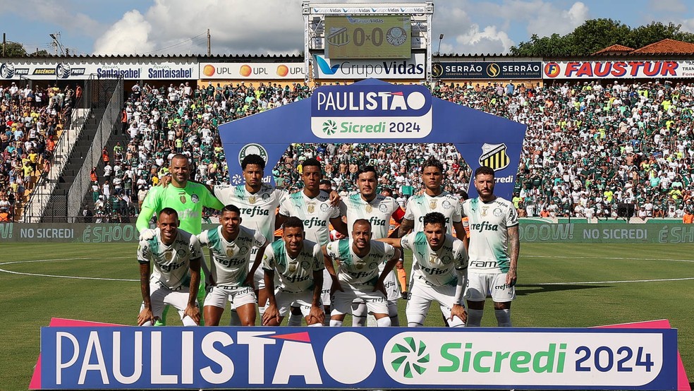 Jogadores do Palmeiras antes de jogo contra o Novorizontino — Foto: César Greco