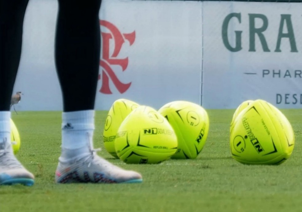 "Reflex-Ball", bola oval usada pelo Flamengo para os goleiros — Foto: Reprodução / FlaTV