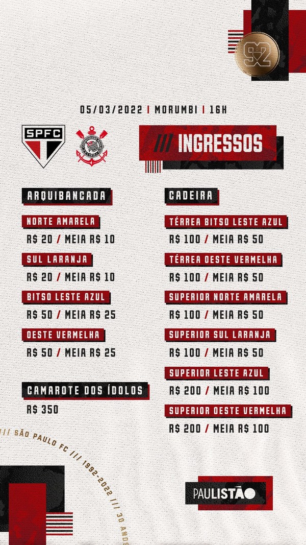 São Paulo já vendeu 15 mil ingressos para clássico contra o Corinthians;  saiba como comprar