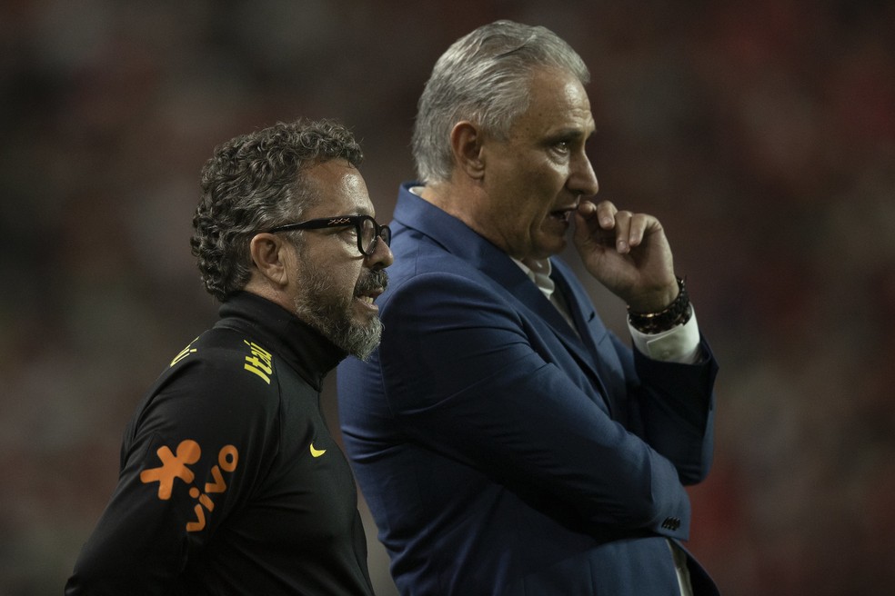 Tite e o auxiliar Cléber Xavier na goleada da seleção brasileira sobre a Coreia do Sul — Foto: Lucas Figueiredo / CBF