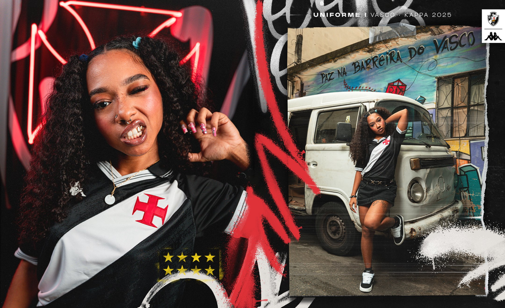 Detalhe da faixa diagonal branca e gola polo da camisa Vasco 2025