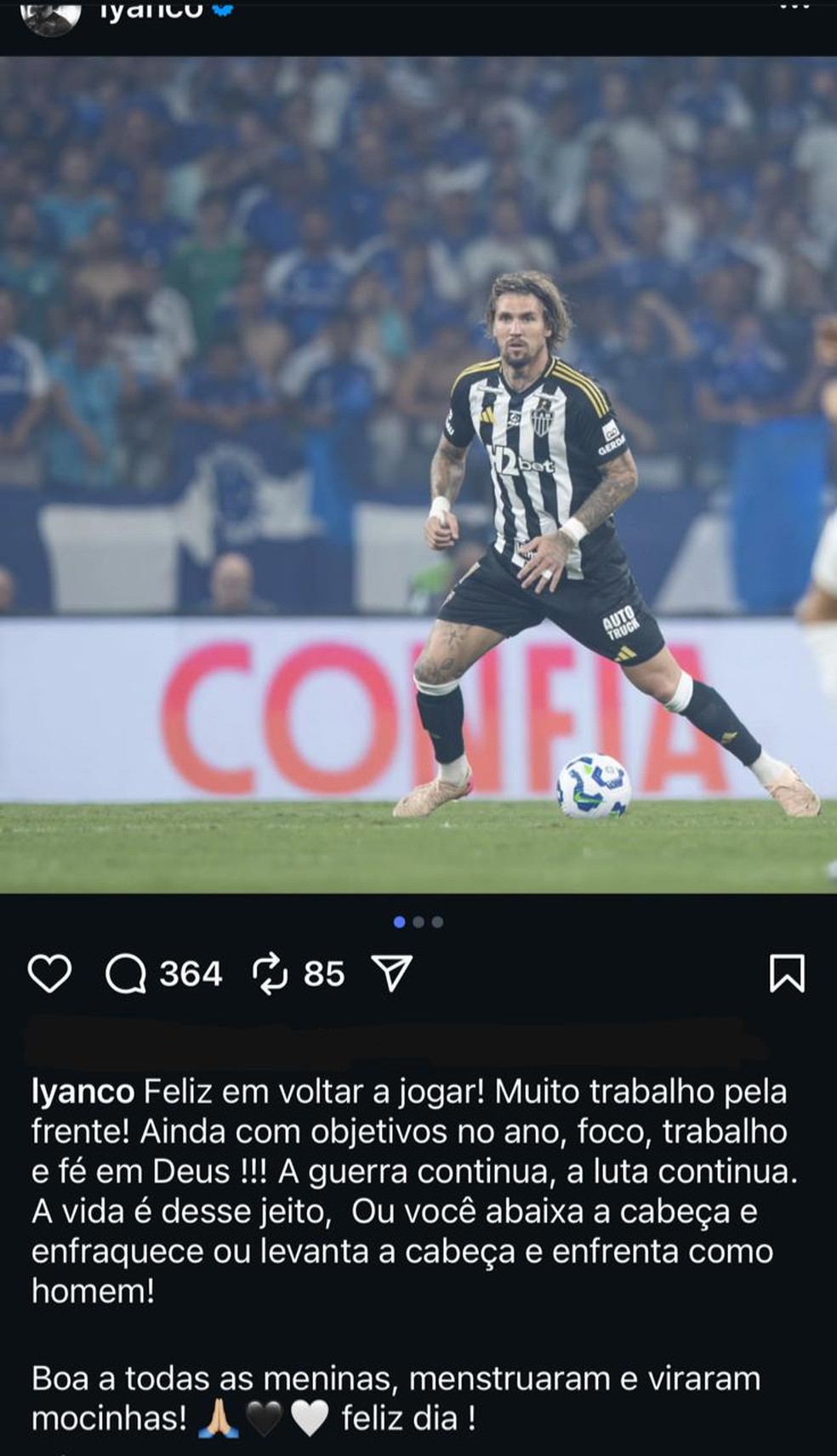 Post de Lyanco após eliminação do Atlético-MG — Foto: Reprodução