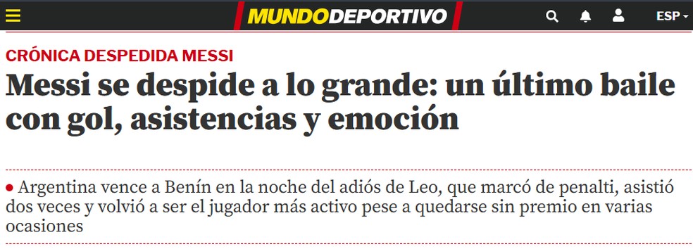 Mundo Desportivo, da Espanha, sobre despedida de Messi: "Em grande estilo" - Foto: Reprodu��o