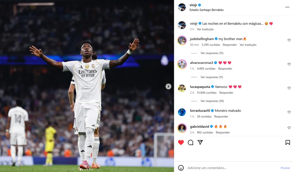 Vini viveu mais uma noite mágica com o Real Madrid no Santiago Bernabéu — Foto: Reprodução