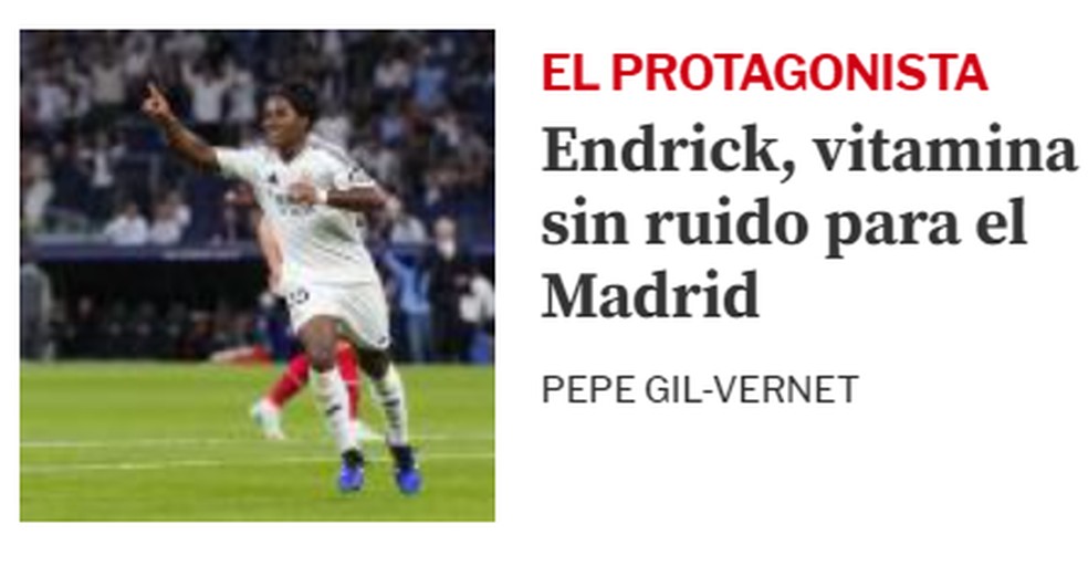 "O protagonista", diz o jornal Mundo Deportivo sobre Endrick na vitória do Real Madrid — Foto: Reprodução