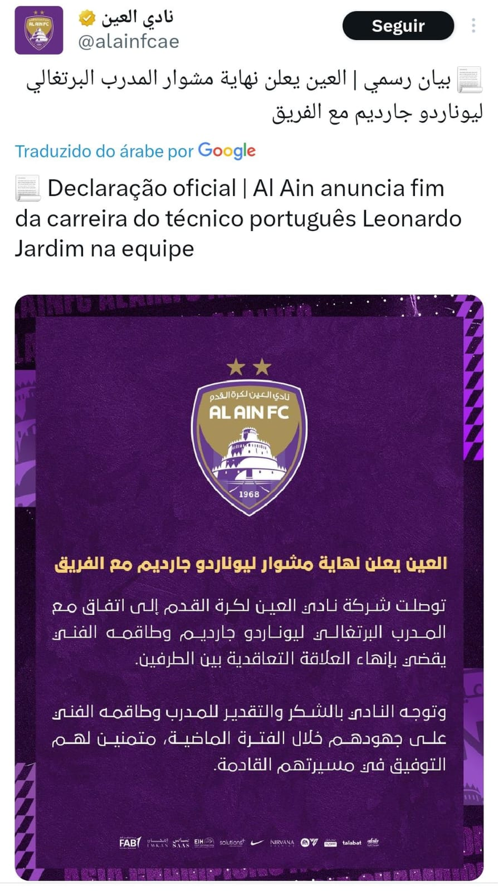 Al Ain comunica a saída do técnico Leonardo Jardim — Foto: Reprodução/Internet