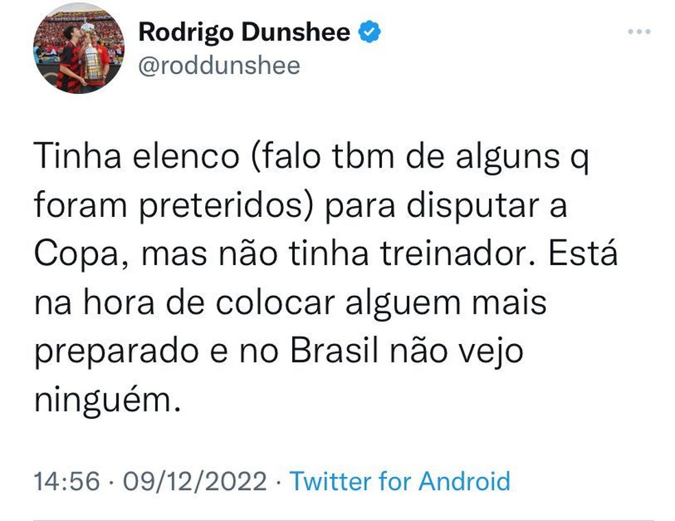 Rodrigo Dunshee, vice-presidente do Fla, criticou Tite após eliminação na Copa do Mundo — Foto: Reprodução / Twitter