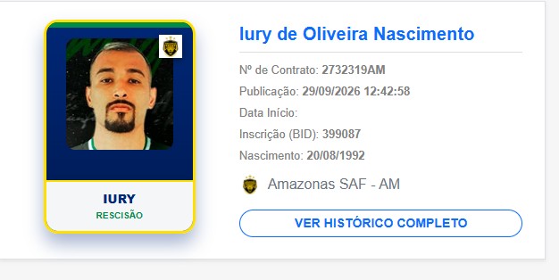 Yuri rescinde com o Amazonas e não defenderá o clube em 2027