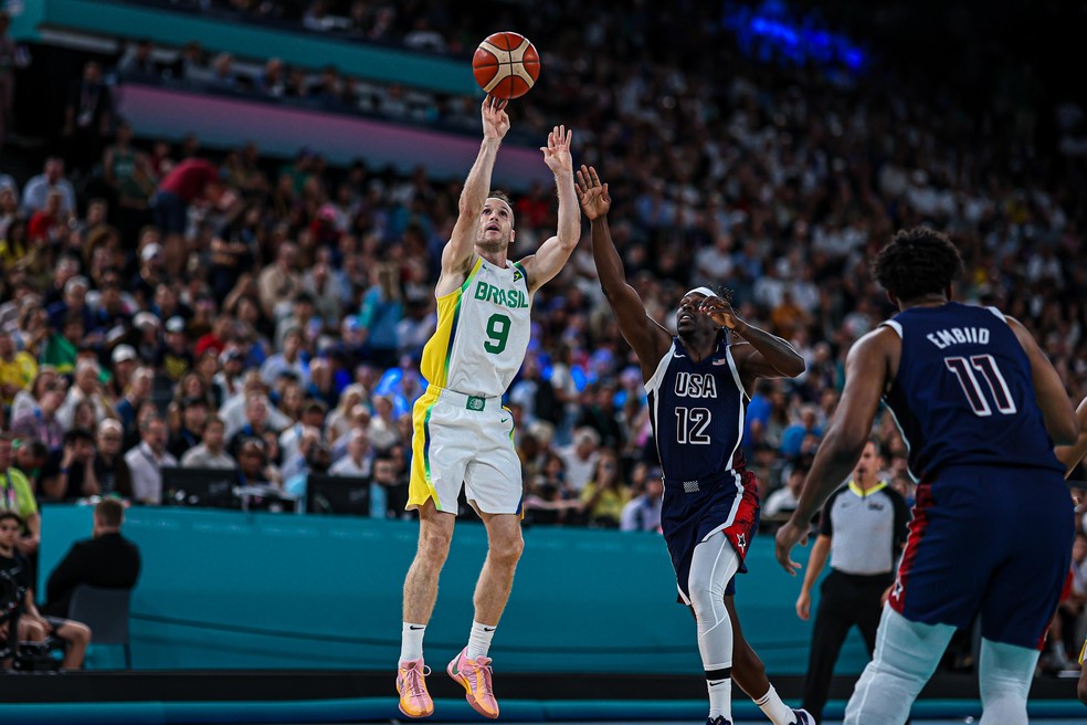 Marcelinho Huertas durante Brasil e EUA, Paris 2024