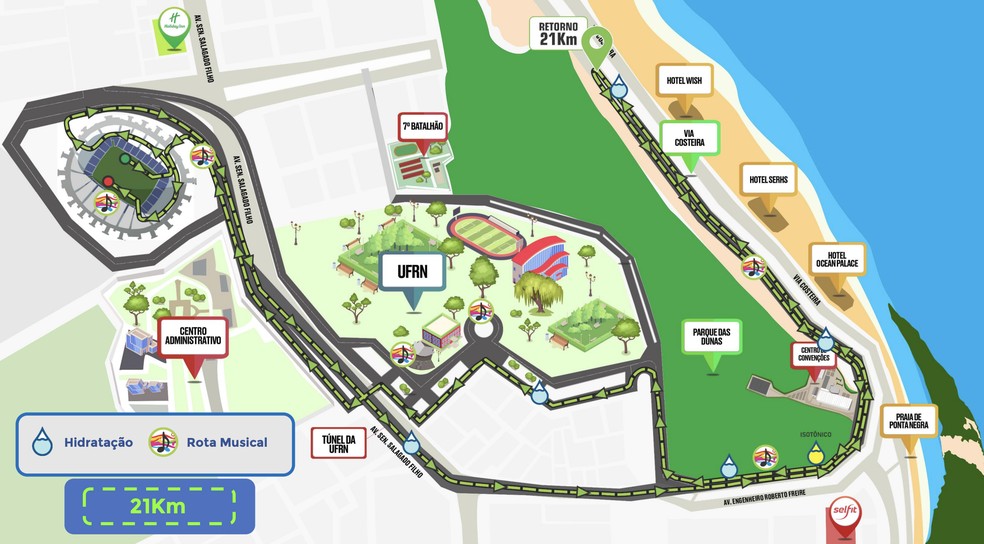 Percurso Meia Maratona do Sol, 21 km — Foto: Reprodução