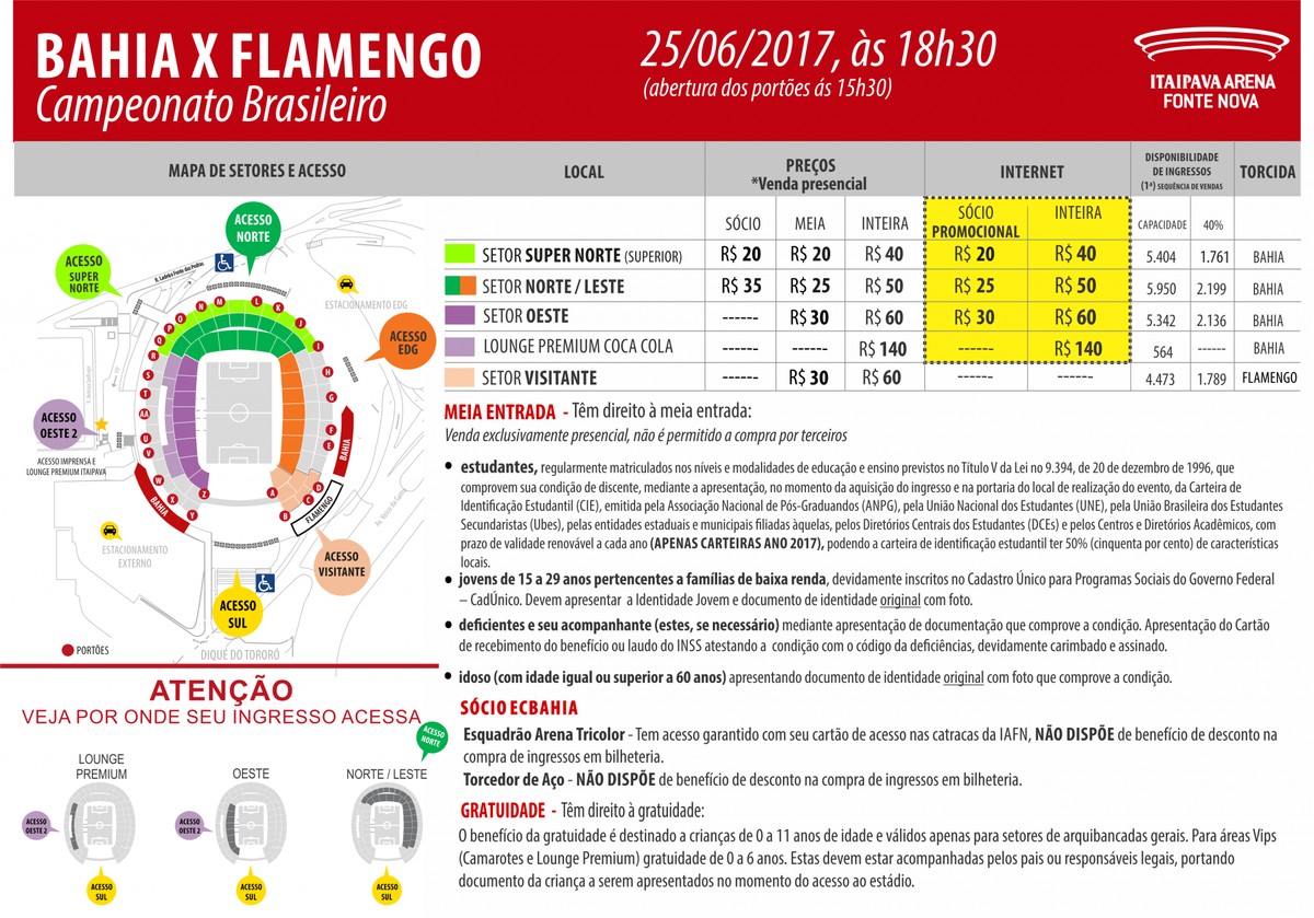 Bahia x Flamengo: ingressos para a partida de domingo estão à venda