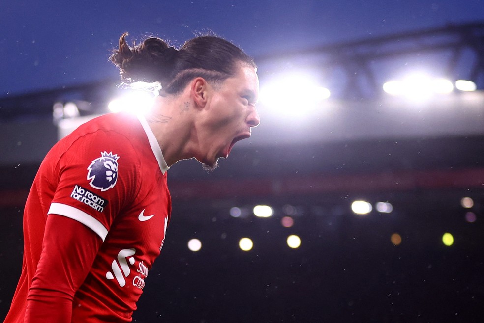 Darwin Nuñez comemora gol em Liverpool x Sheffield United — Foto: Carl Recine/Reuters