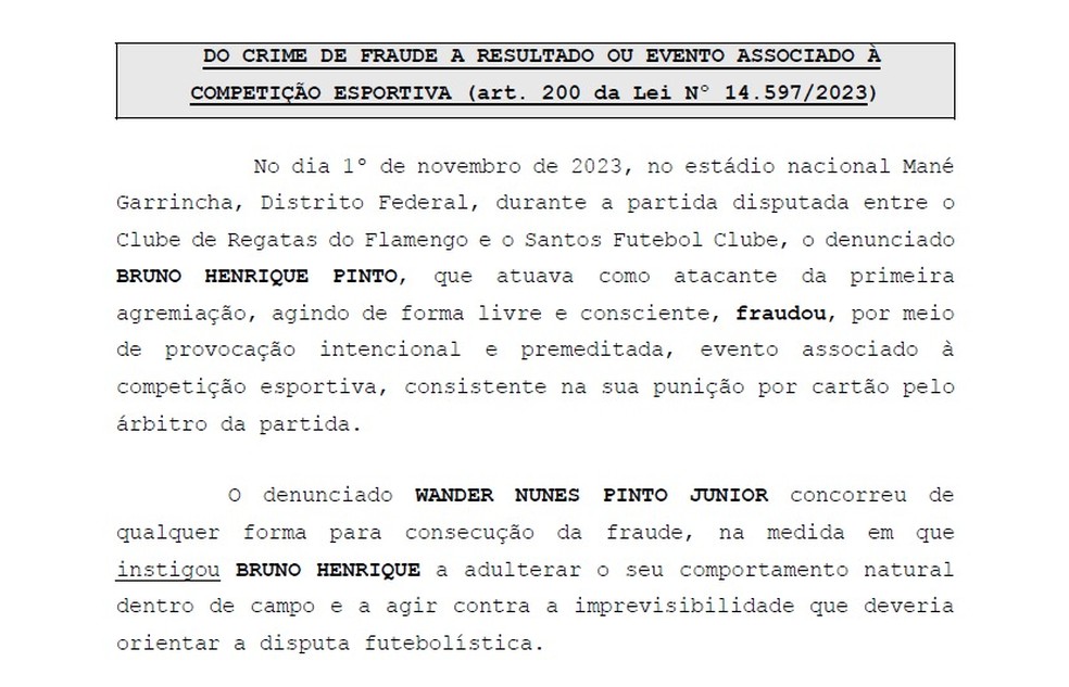 Trecho da denúncia afirma que Bruno Henrique agiu deliberadamente para receber cartão em jogo do Brasileirão de 2023 — Foto: Reprodução