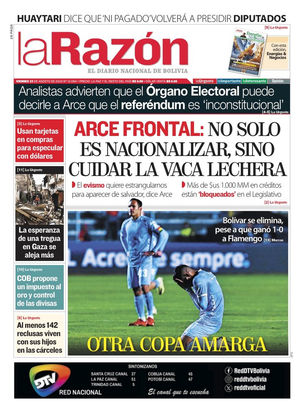 Jornal da Bolívia repercute eliminação do Bolívar na Libertadores — Foto: Reprodução