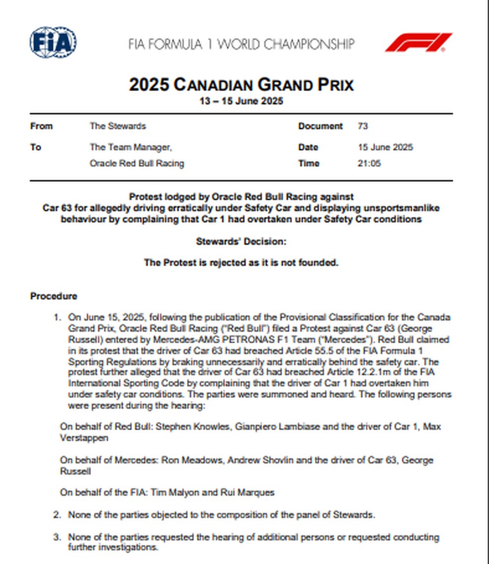 FIA rejeita protesto da RBR no GP do Canadá — Foto: FIA
