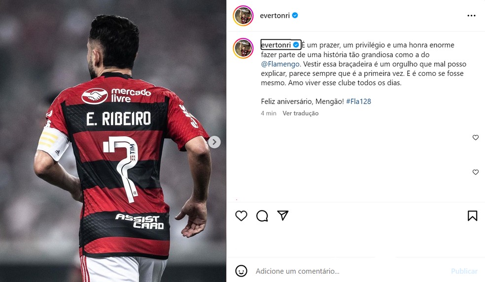 Everton Ribeiro faz homenagem ao Flamengo no dia do aniversário de 128 anos — Foto: Reprodução